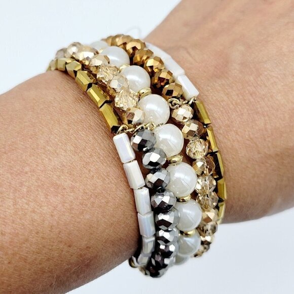 INC 5 Strand Open Memory Wire Bracelet Faceted Crystals Gold & Neutral Tones NWT - Picture 8 of 10